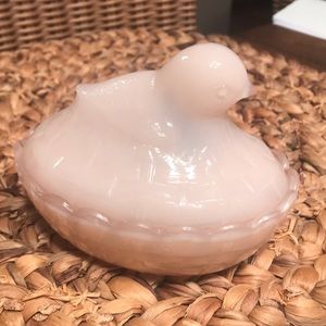 Pink glass dish with bird top